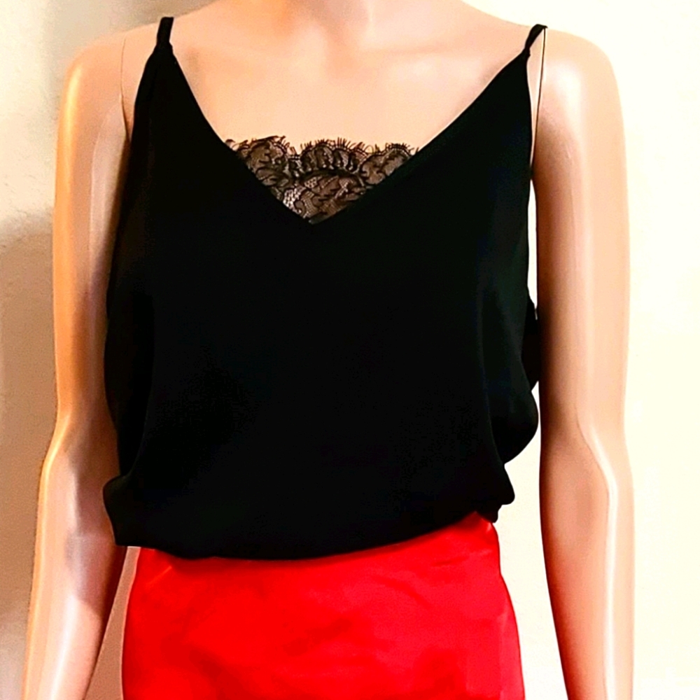 Spaghetti strap silky top with lace insert